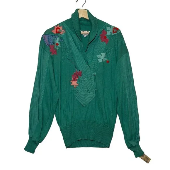 Vintage Marc D’alcy Sweater 80s Women’s Embroidery Embellished Size Small Green - Picture 1 of 12
